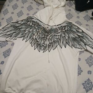 Unisex White Hoodie with Rhinestone Angel Wing Embellishment